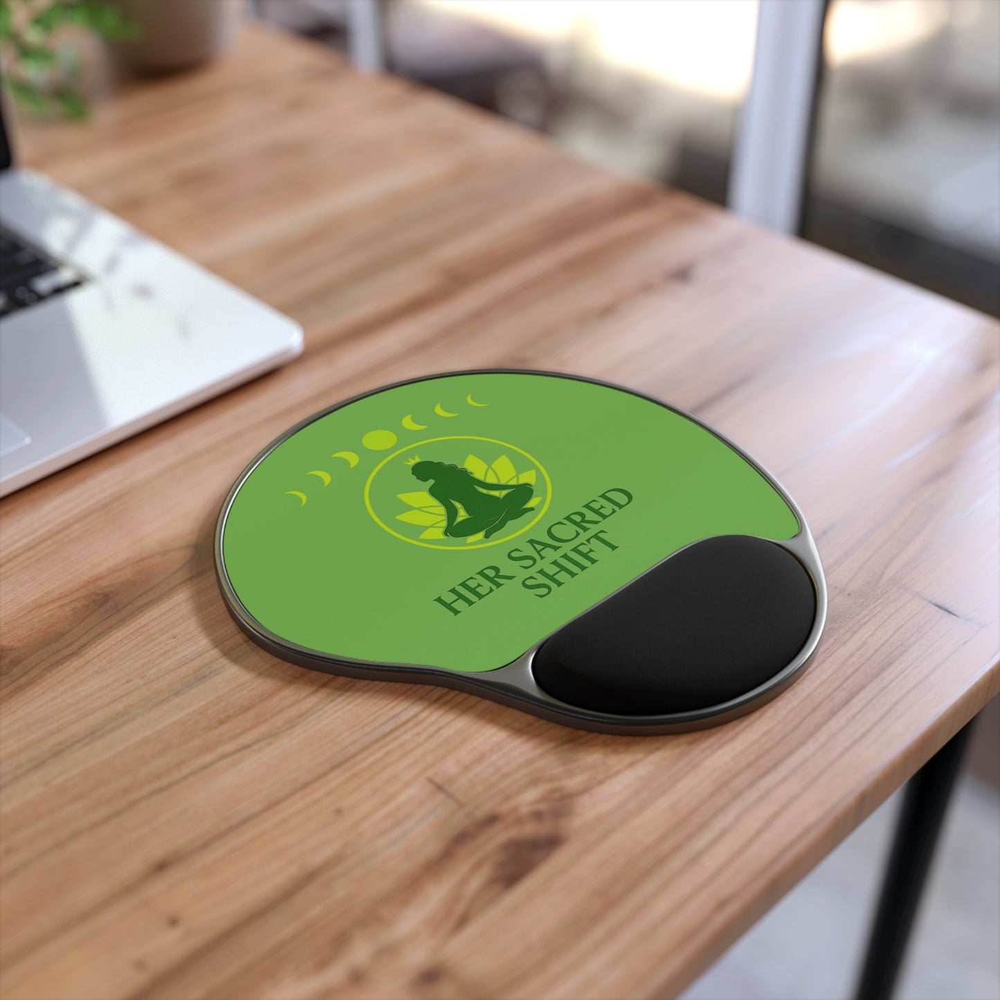 Her Sacred Shift Heart Chakra Mouse Pad with Wrist Rest — Moon Phase Meditation Edition