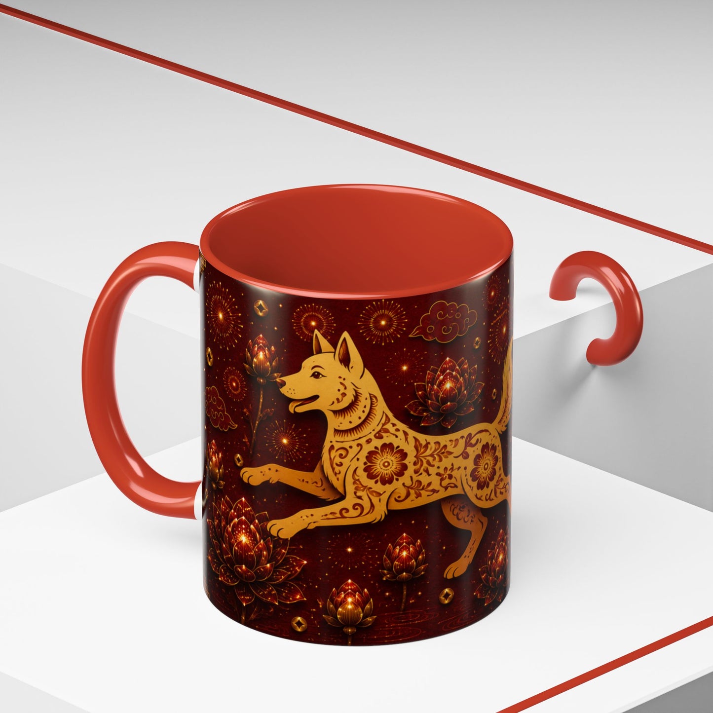 Chinese Zodiac Dog Accent Coffee Mug — Year of the Dog Decorative Tea Cup (11oz)