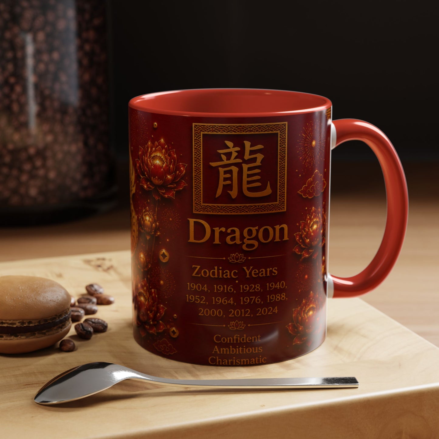 Dragon Zodiac Coffee Mug — Chinese New Year Red Accent, Dragon Years & Traits Design (11/15oz)