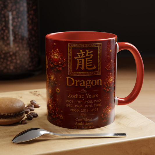Dragon Zodiac Coffee Mug — Chinese New Year Red Accent, Dragon Years & Traits Design (11/15oz)