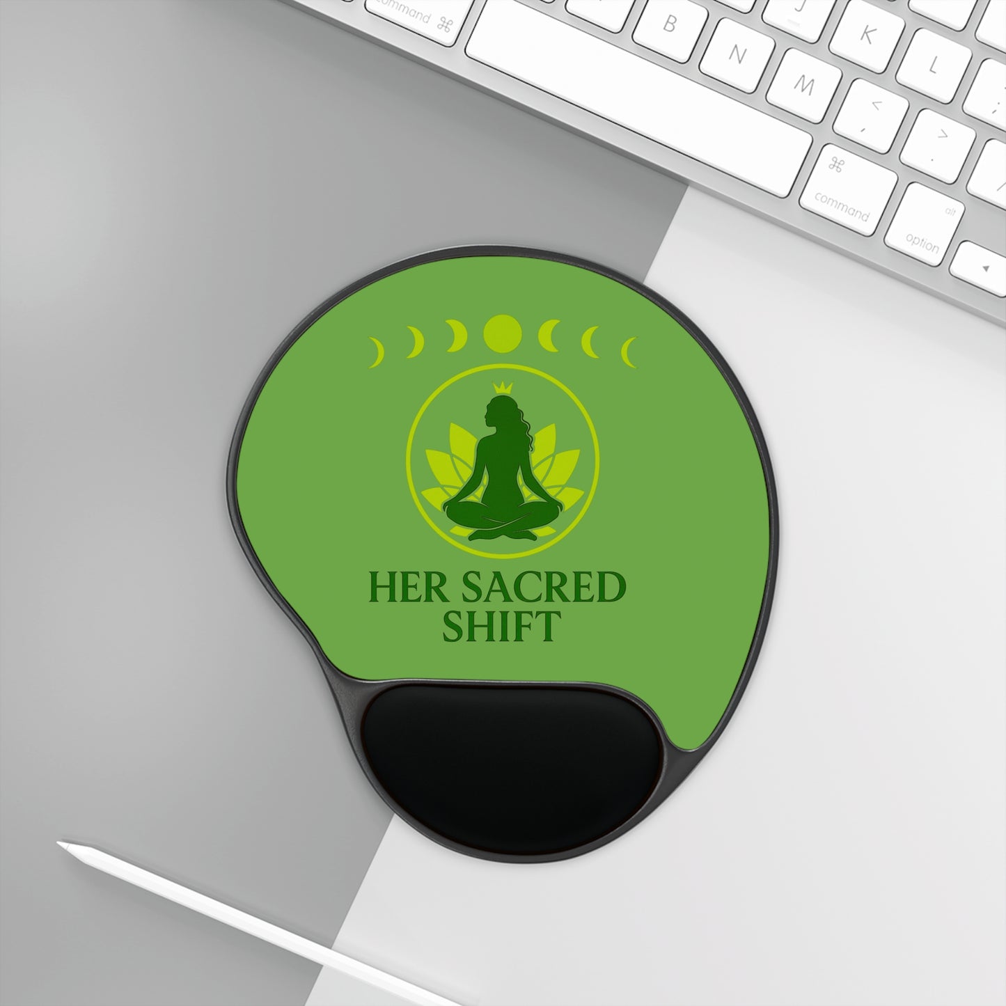 Her Sacred Shift Heart Chakra Mouse Pad with Wrist Rest — Moon Phase Meditation Edition