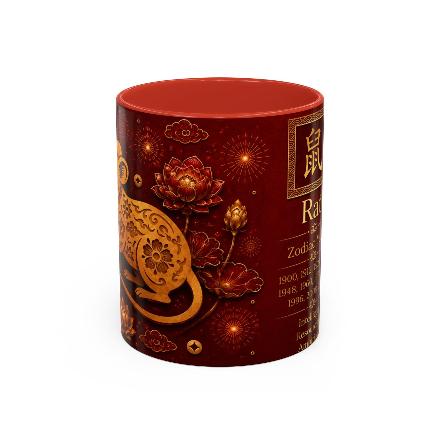 Rat Zodiac Accent Coffee Mug — Chinese New Year Red & Gold Astrology Gift (11oz)