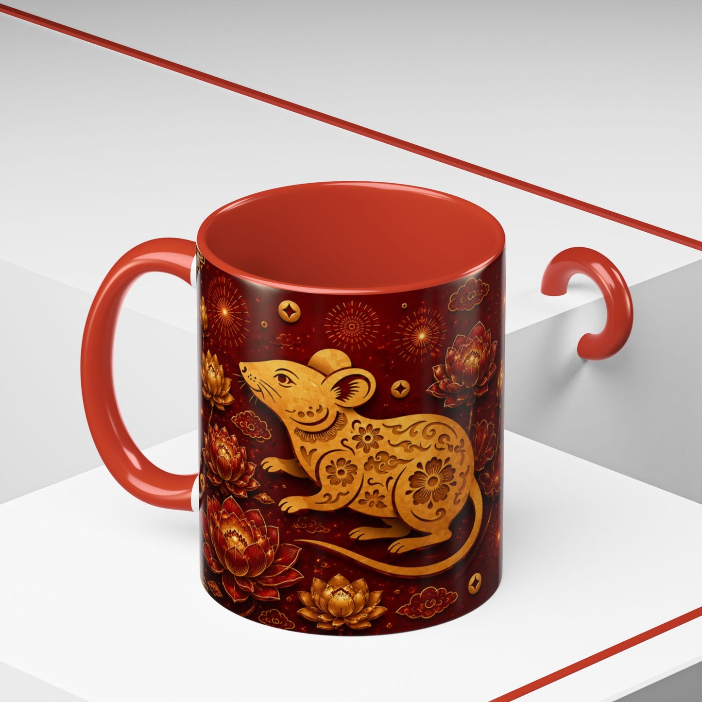 Rat Zodiac Accent Coffee Mug — Chinese New Year Red & Gold Astrology Gift (11oz)