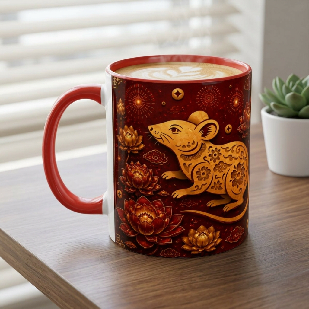 Rat Zodiac Accent Coffee Mug — Chinese New Year Red & Gold Astrology Gift (11oz)