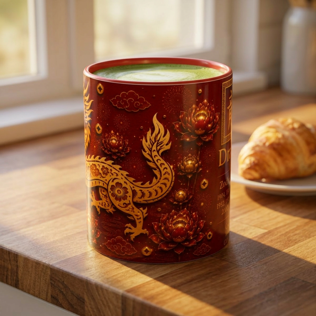 Dragon Zodiac Coffee Mug — Chinese New Year Red Accent, Dragon Years & Traits Design (11/15oz)