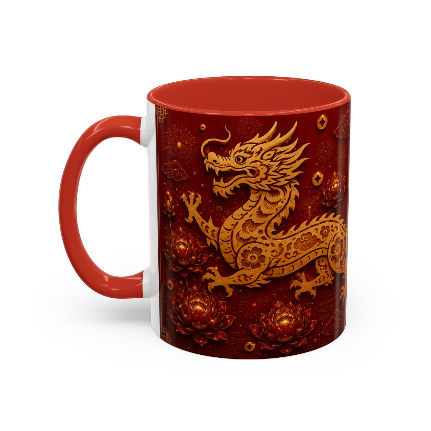 Dragon Zodiac Coffee Mug — Chinese New Year Red Accent, Dragon Years & Traits Design (11/15oz)