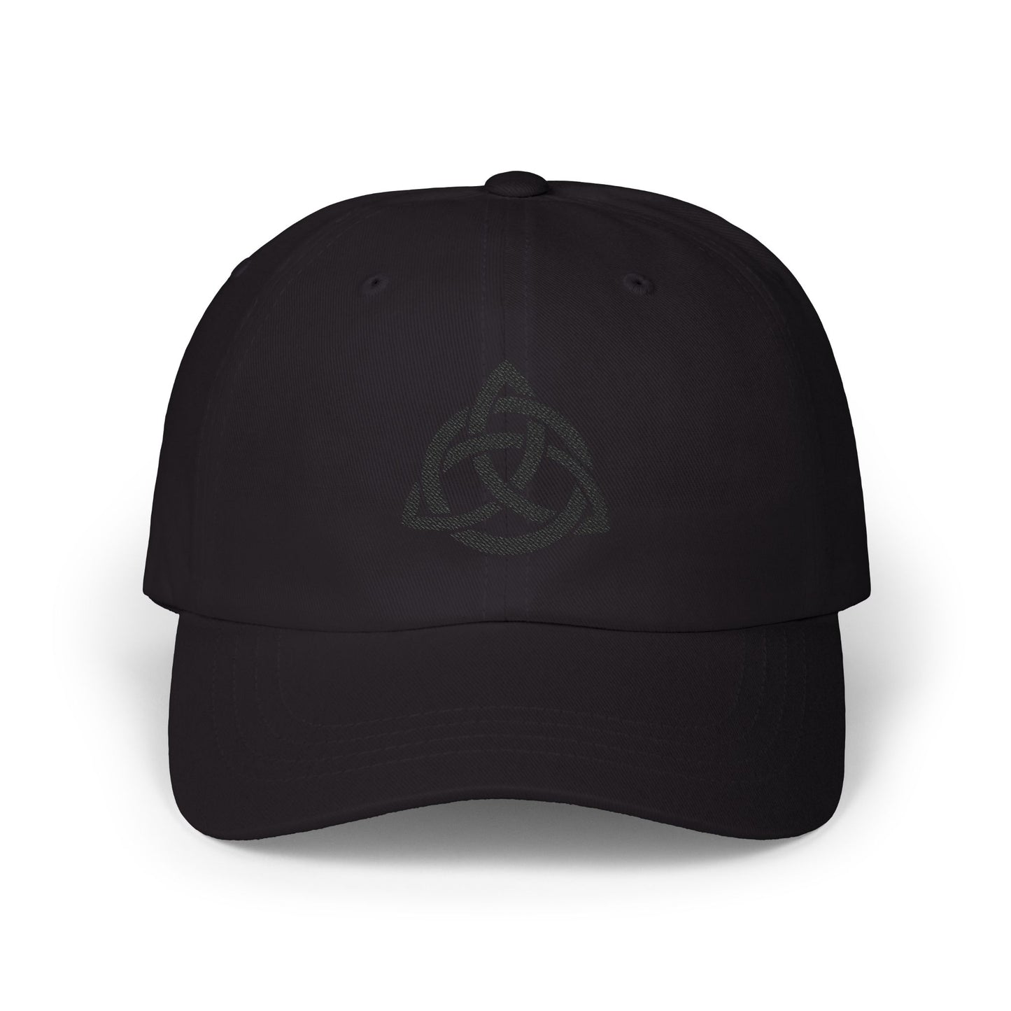 Triquetra Sigil Cap – The Sacred Threefold Path (Black on Black)