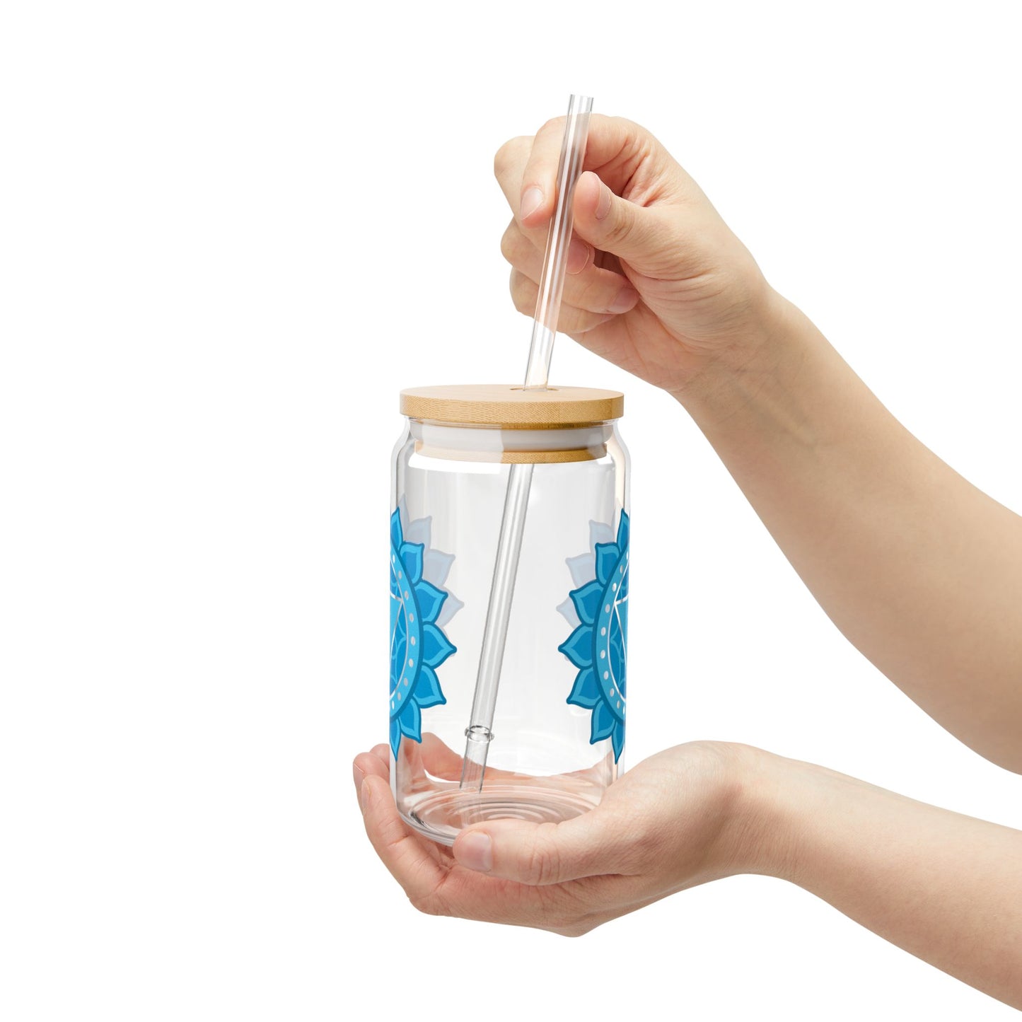 Throat Chakra Sipper Glass – 16oz Bamboo Lid & Straw