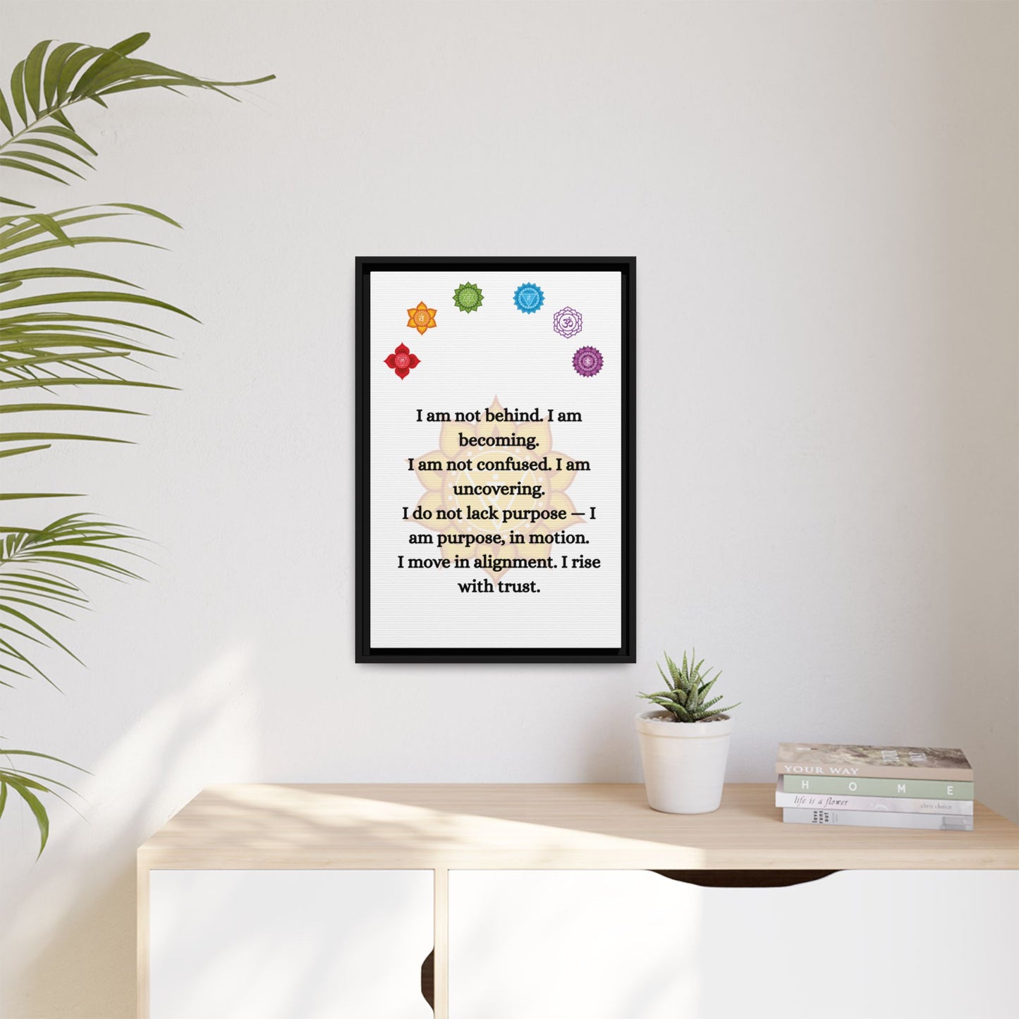 Chakra Alignment Canvas – “I Am Becoming” Affirmation Art (Framed)