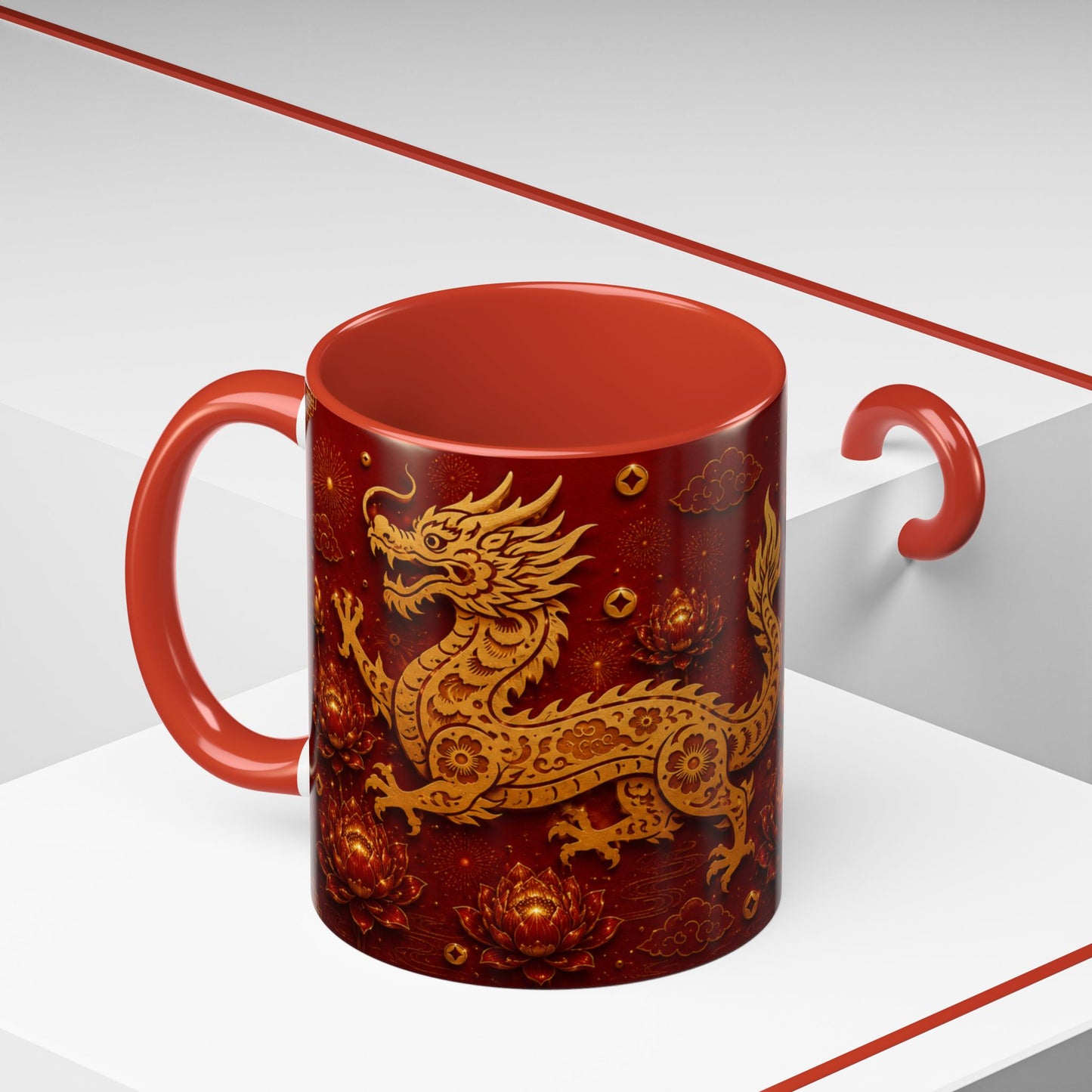 Dragon Zodiac Coffee Mug — Chinese New Year Red Accent, Dragon Years & Traits Design (11/15oz)
