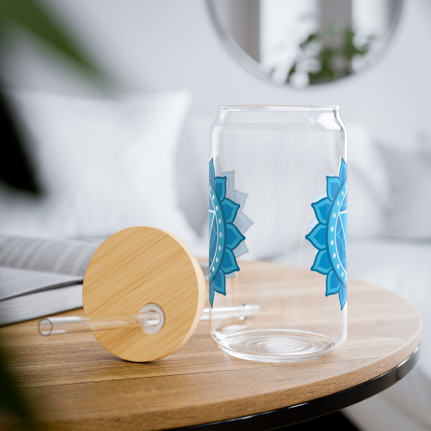 Throat Chakra Sipper Glass – 16oz Bamboo Lid & Straw