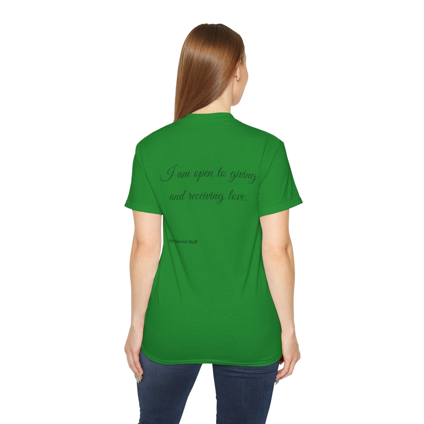 Heart Chakra Affirmation Tee – “I Am Open to Love” | Her Sacred Shift