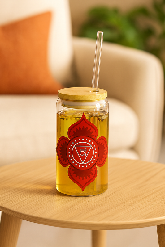 Root Chakra Sipper Glass – 16oz Bamboo Lid & Straw