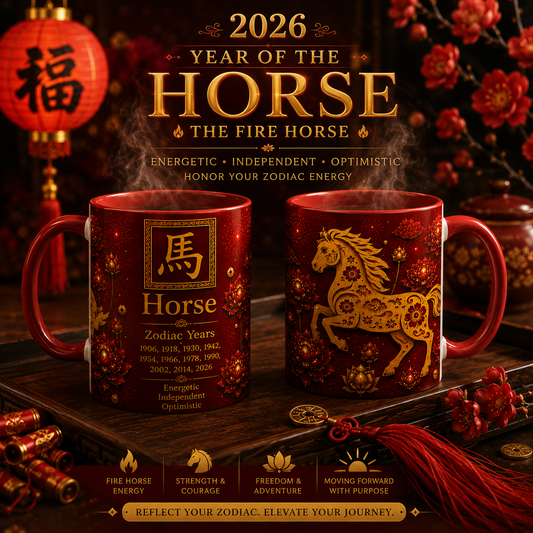 Horse Zodiac Coffee Mug — Chinese Year of the Horse Red Accent (11oz)