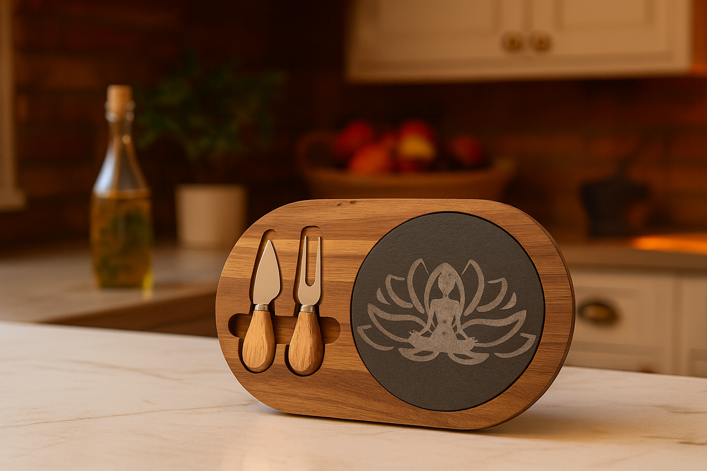 Sacred Hosting Charcuterie Board – Lotus Slate & Acacia Wood Set