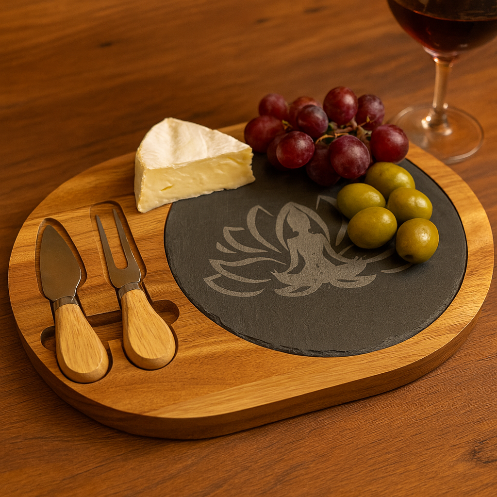 Sacred Hosting Charcuterie Board – Lotus Slate & Acacia Wood Set