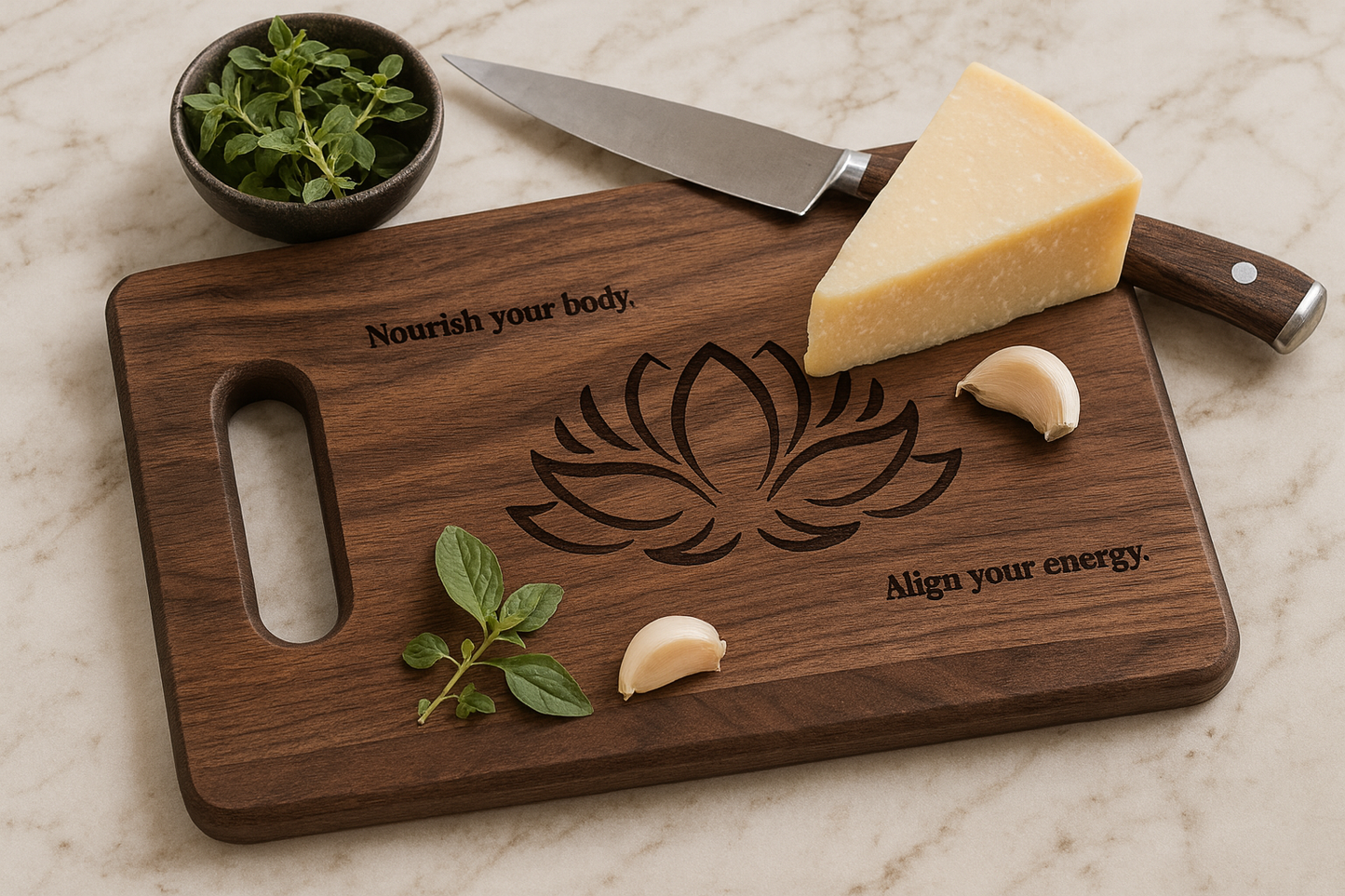 Sacred Lotus Chakra Cutting Board – Maple or Walnut | Cook with Intention, Love & Soul