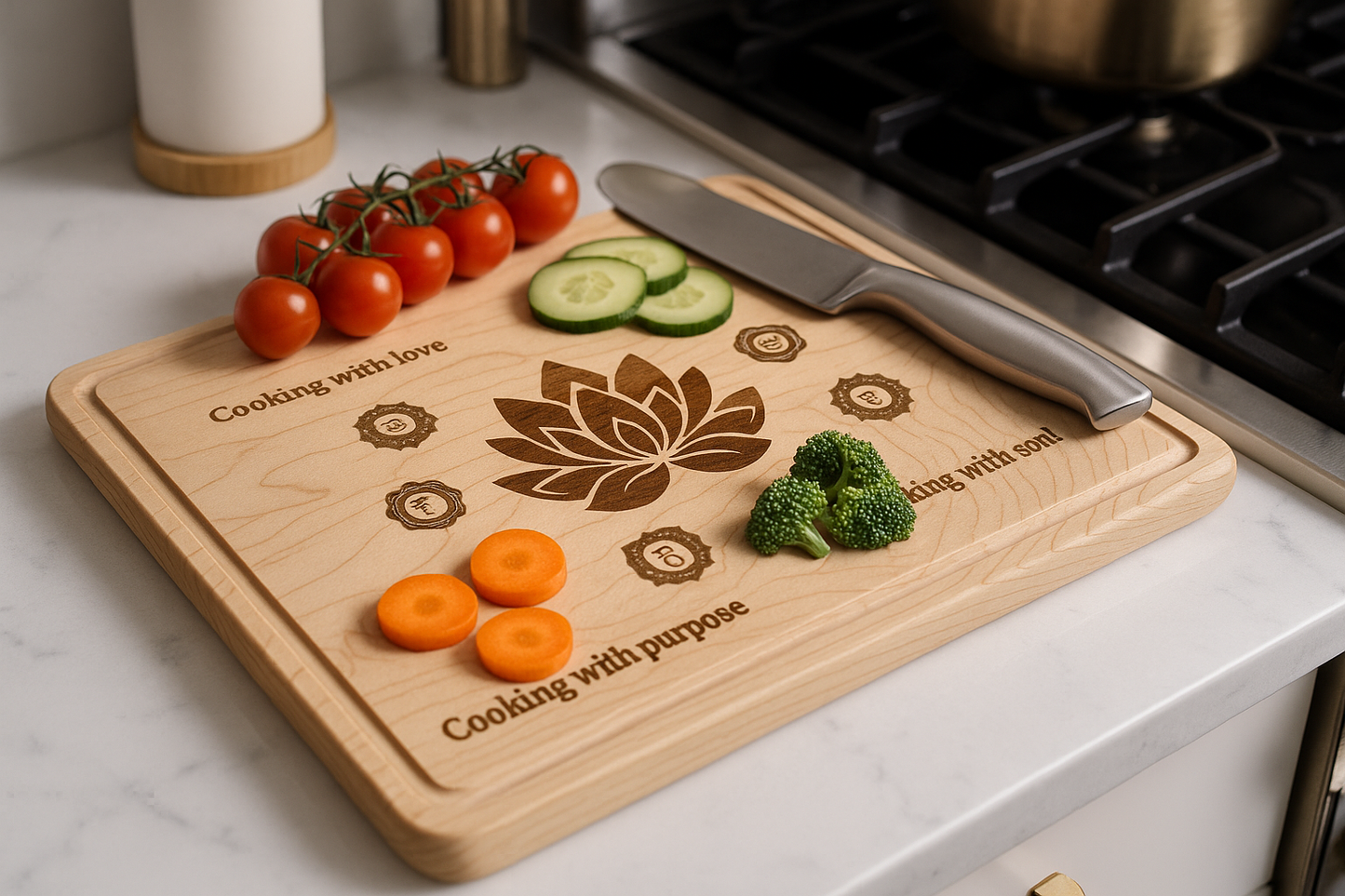 Sacred Lotus Chakra Cutting Board – Maple or Walnut | Cook with Intention, Love & Soul