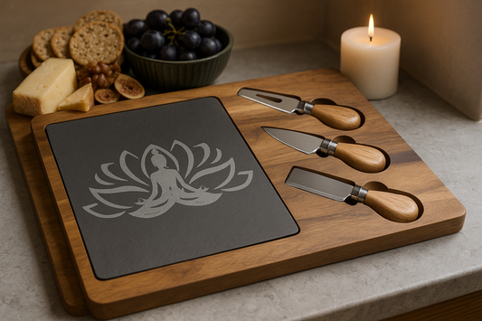Sacred Hosting Charcuterie Board – Lotus Slate & Acacia Wood Set