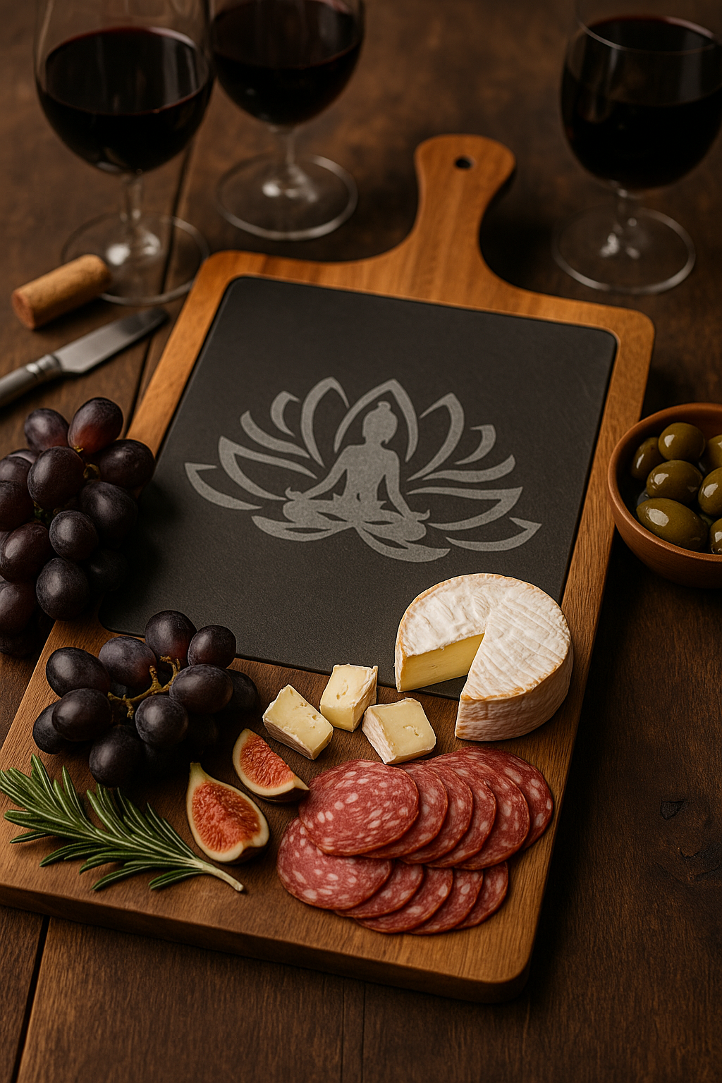 Sacred Hosting Charcuterie Board – Lotus Slate & Acacia Wood Set