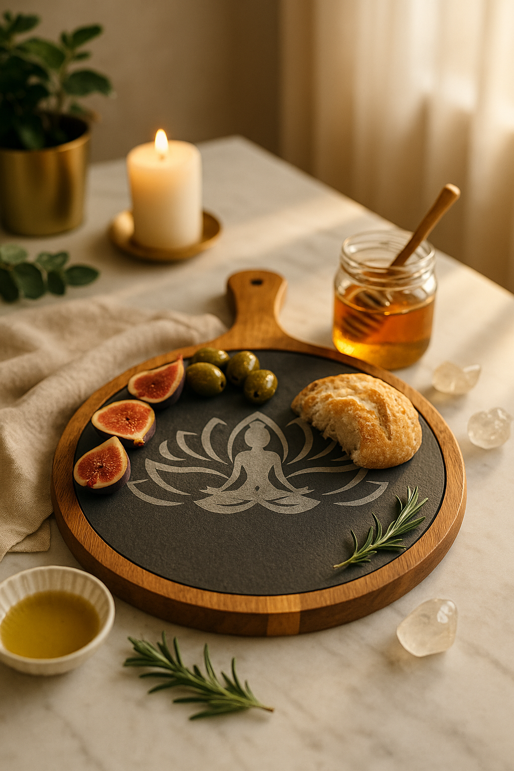 Sacred Hosting Charcuterie Board – Lotus Slate & Acacia Wood Set