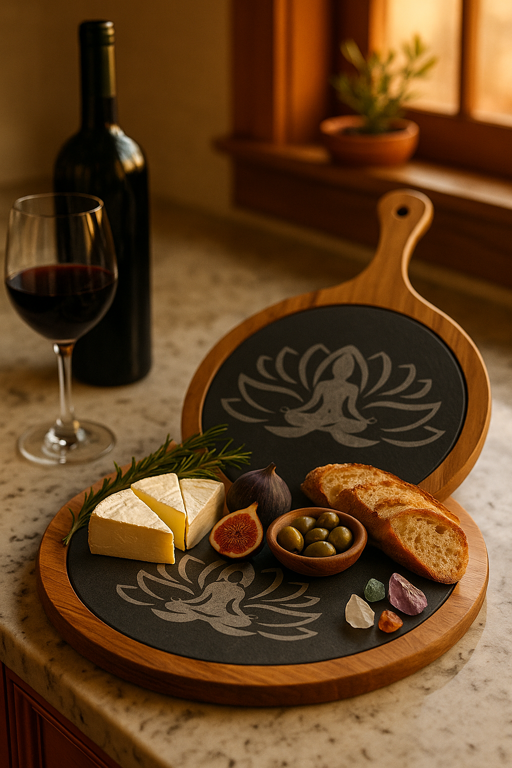 Sacred Hosting Charcuterie Board – Lotus Slate & Acacia Wood Set
