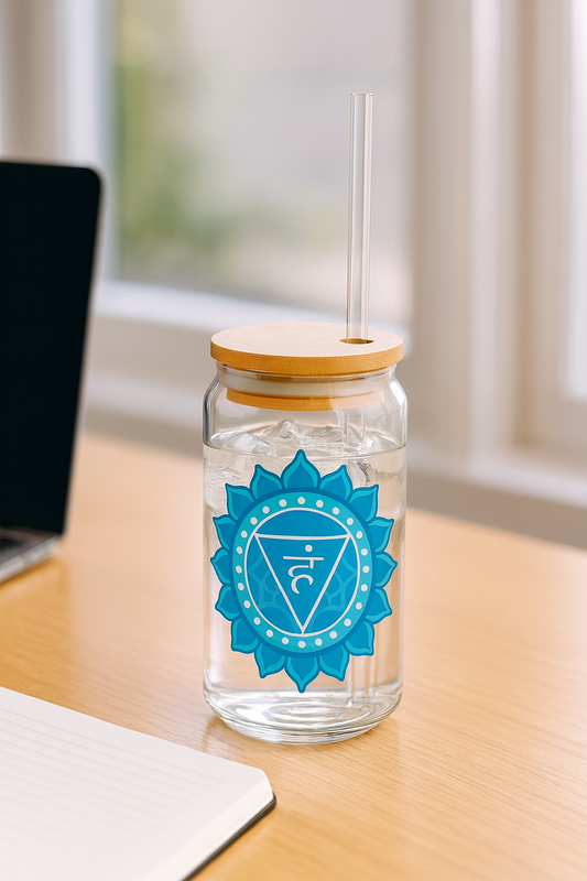 Throat Chakra Sipper Glass – 16oz Bamboo Lid & Straw