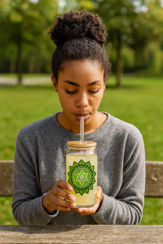 Heart Chakra Sipper Glass – 16oz Bamboo Lid & Straw