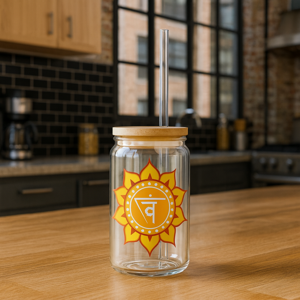 Solar Plexus Chakra Sipper Glass – 16oz Bamboo Lid & Straw